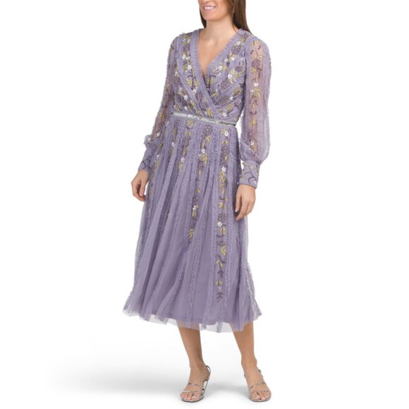 MAC DUGGAL Lilac Long Sleeve Embroidered Cocktail Dress
